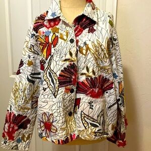 Chico’s Chore Jacket Womens M Floral oversized cottage Art To Wear Embroidered